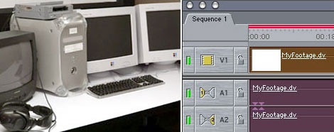 Picture of editing suite and section of Timeline of Final Cut Express software